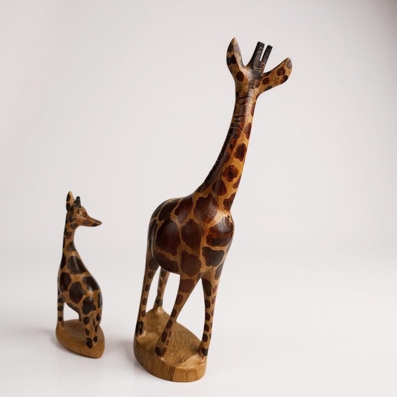 Hand-Carved Mahogany African Giraffe 12” & 6” Wood Figures - Picture 7 of 9